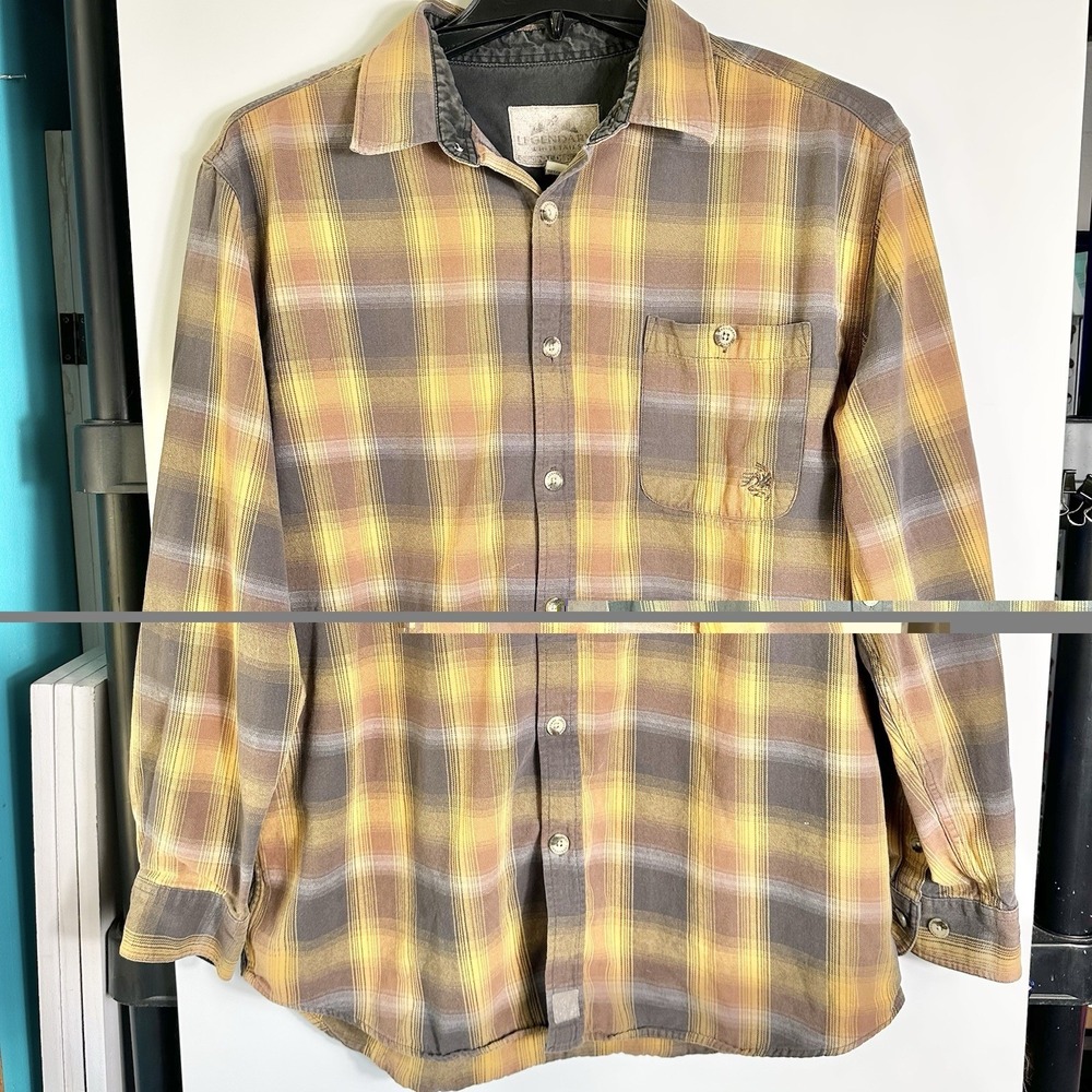 Vintage Legendary Whitetails Mens Sz XLT Plaid Flannel Shirt Gold Gray Brown Y2K